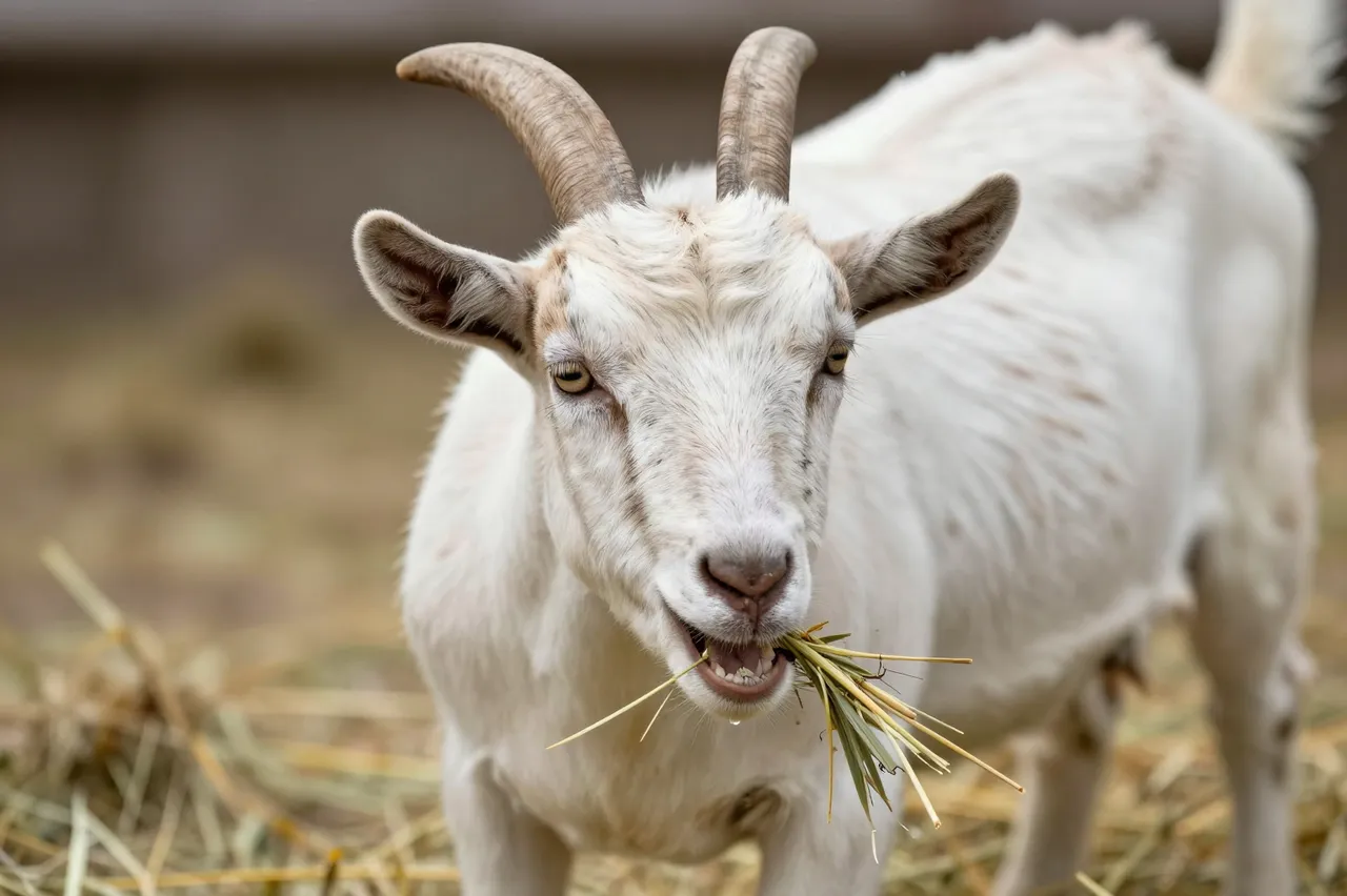A white horned goat chews hay while looking directly at the camera with a comical relaxed expression
