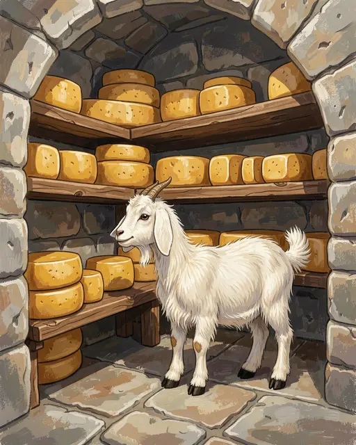 Gouache illustration of a white goat standing beside shelves of cheese wheels in a stone cellar