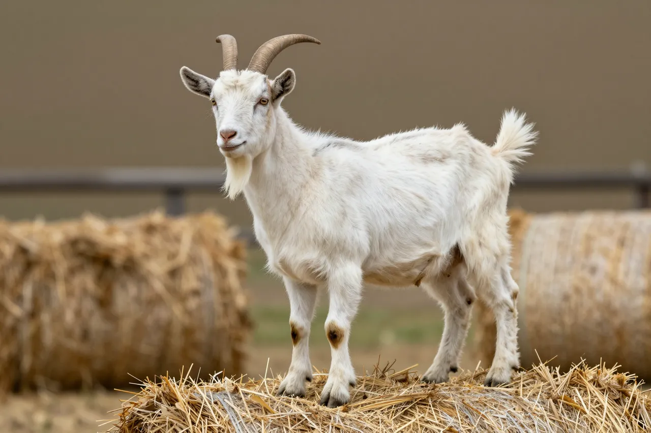 A white horned goat stands atop a hay bale, looking toward the viewer on a farm.