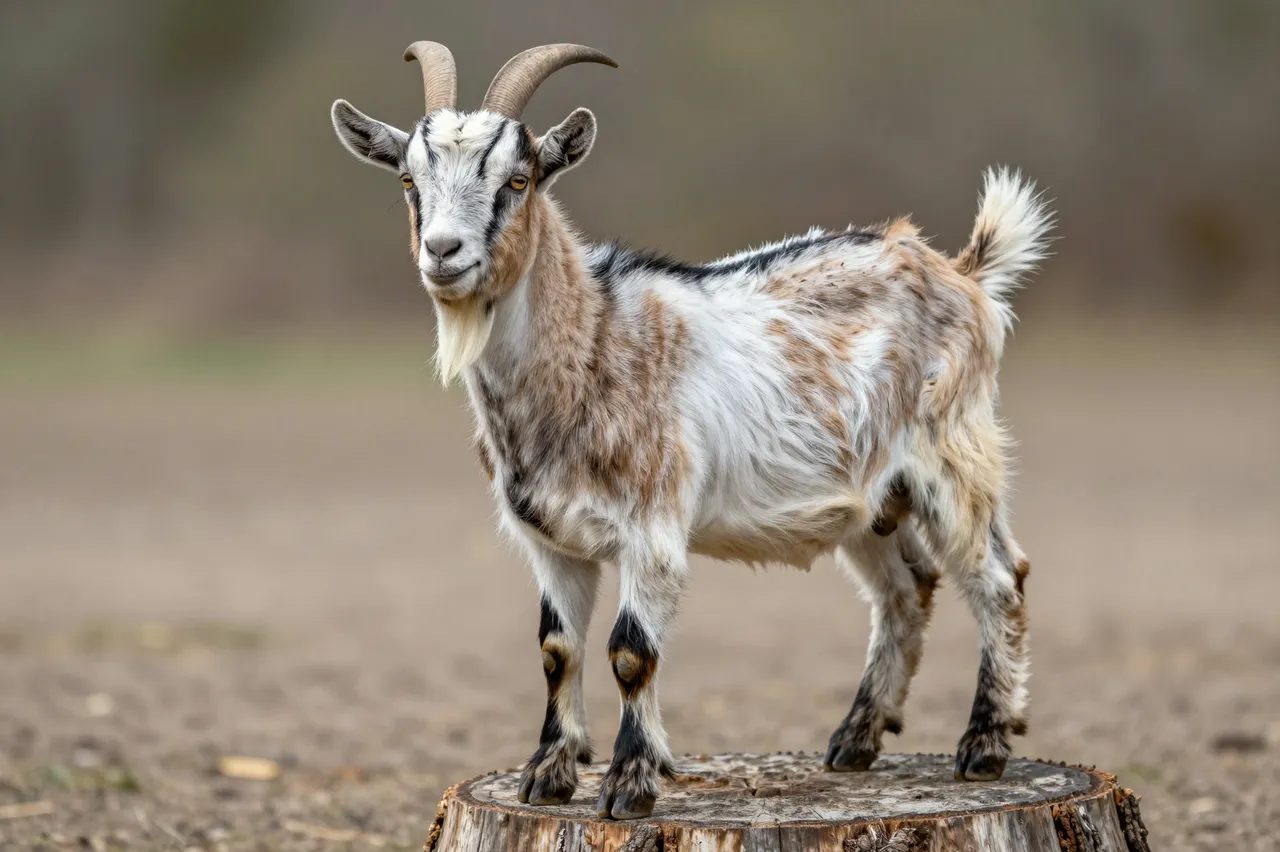 A horned Nigerian dwarf goat stands atop a weathered tree stump and looks toward the camera