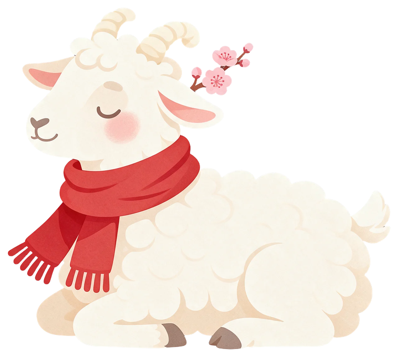 A kindly illustrated white goat lies curled, wearing a red scarf with pink plum blossom by its ear.