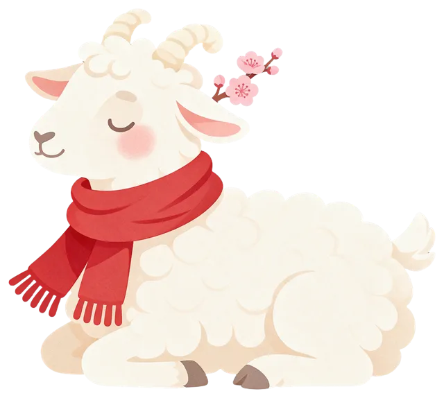 A kindly illustrated white goat lies curled, wearing a red scarf with pink plum blossom by its ear.