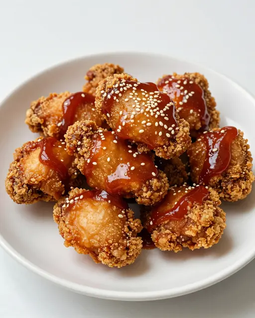 Crispy gochujang-glazed Korean fried chicken topped with sesame seeds on a white plate