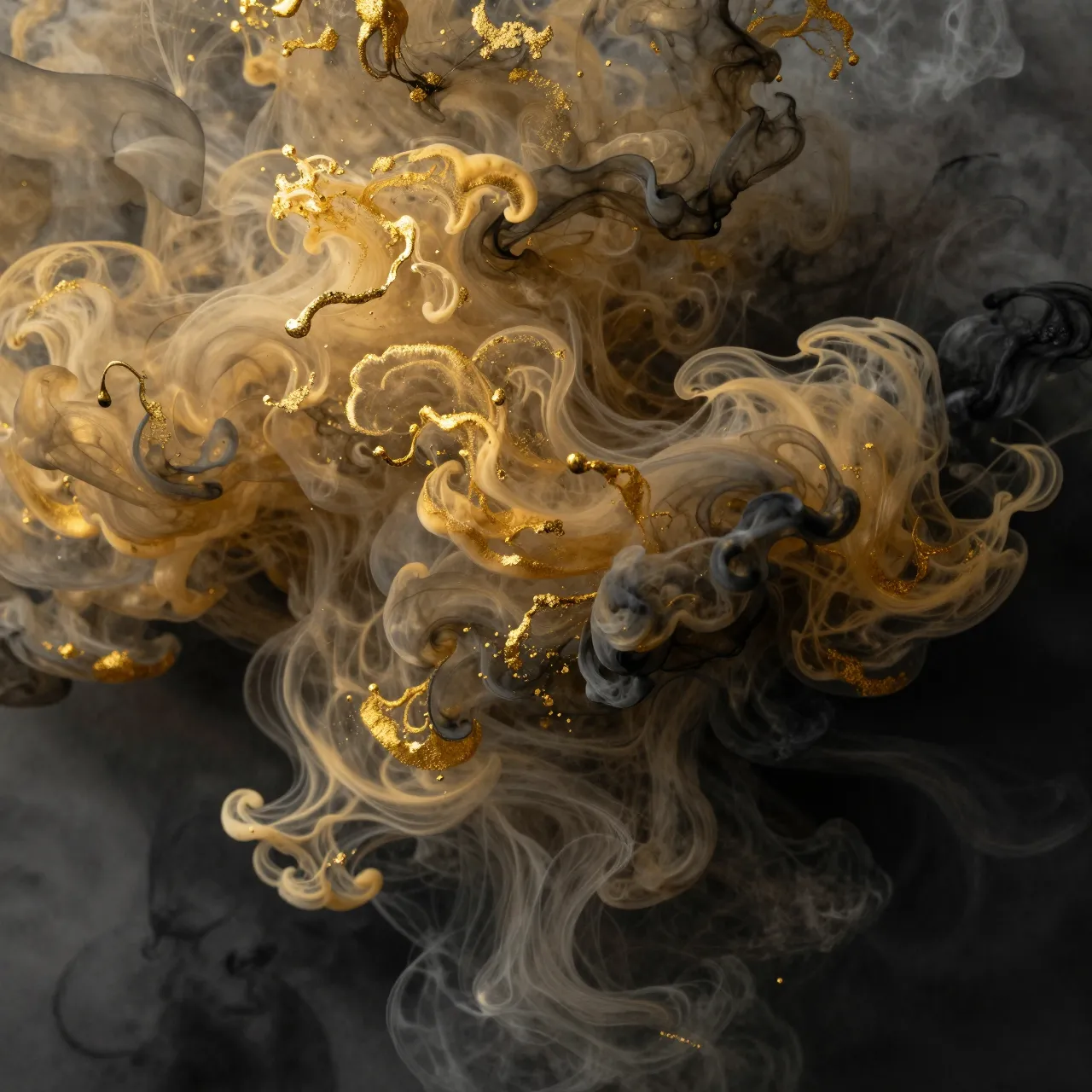 Swirling gold and dark black ink clouds drift and mix in dark clear water