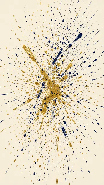 Radiating hand-painted gold and navy blue flicked brush speckles on a soft cream background