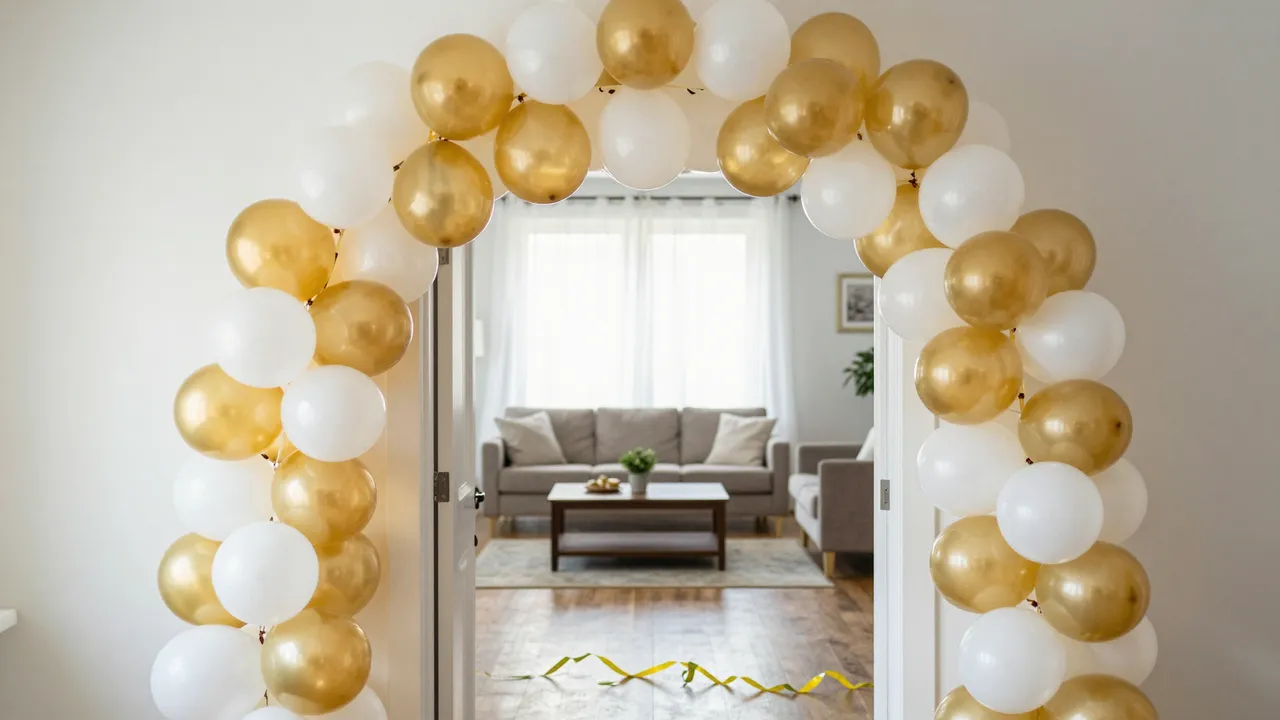 Gold and white balloon arch frames an open doorway leading to a bright living room with a gold streamer on the floor