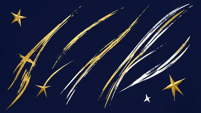 Hand-painted gold and white shooting star trails and solid stars set against a deep navy background