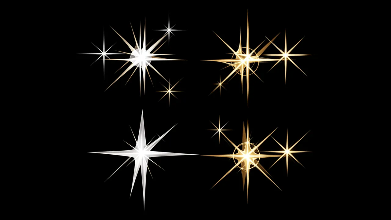 A collection of varying size white and gold four-point star sparkles arranged on a solid pure black background.