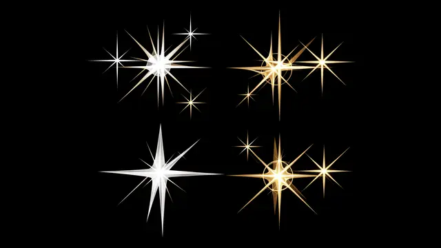 A collection of varying size white and gold four-point star sparkles arranged on a solid pure black background.