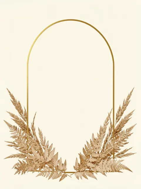 A thin gold arch outline frame with dried grasses and ferns at its base on a soft cream background