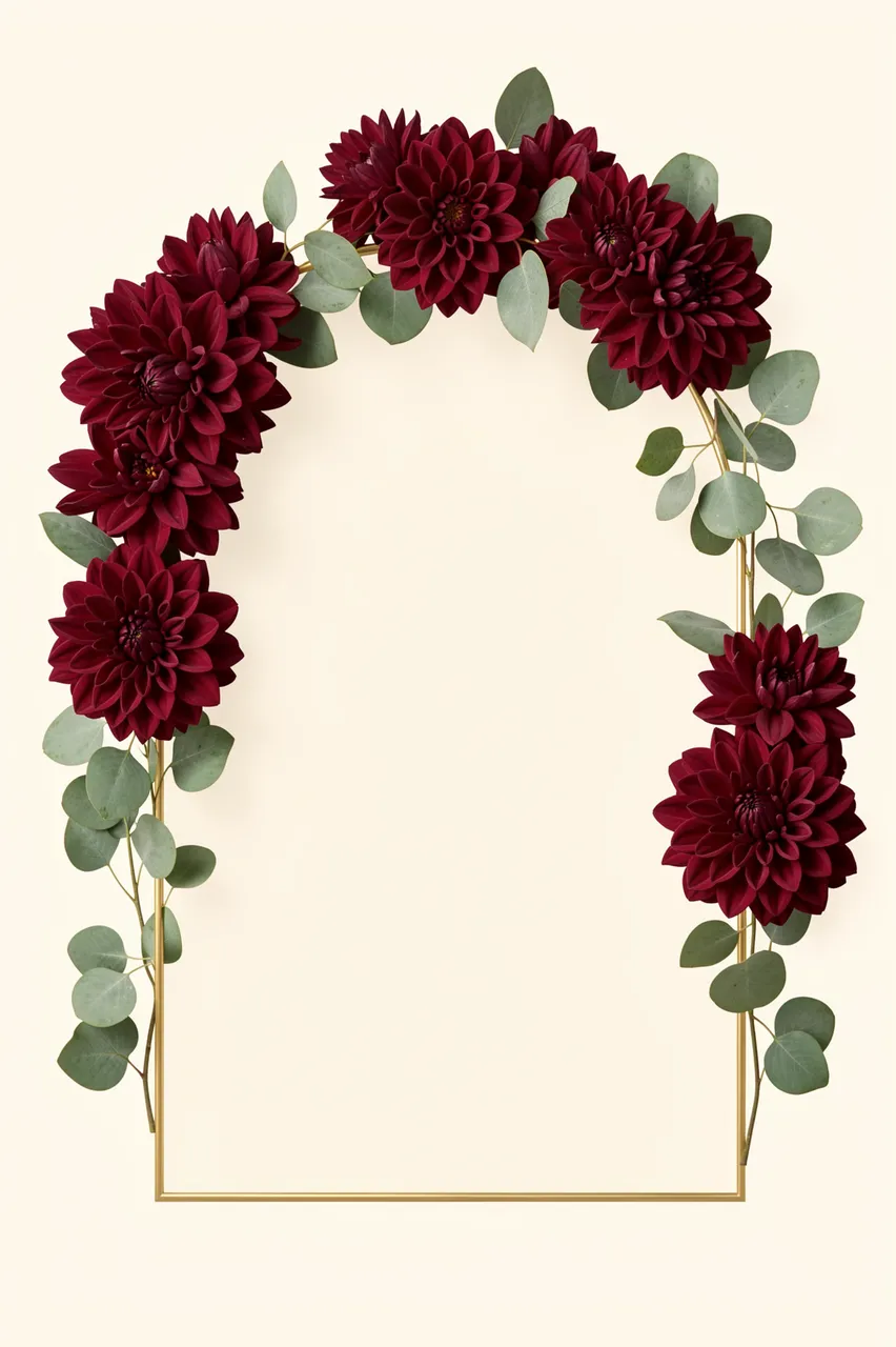 Thin gold arch frame decorated with burgundy dahlias and eucalyptus on an ivory background