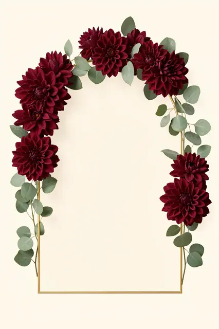 Thin gold arch frame decorated with burgundy dahlias and eucalyptus on an ivory background