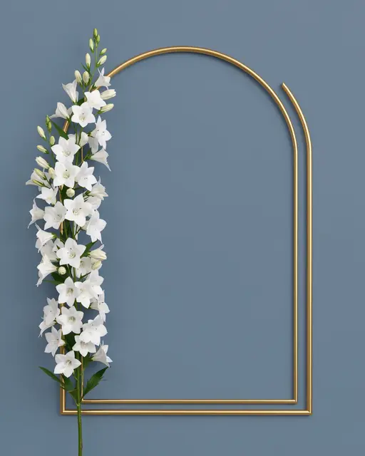 Two nested thin gold arch frames sit against a dusty blue background with white delphinium flowers climbing the left edge