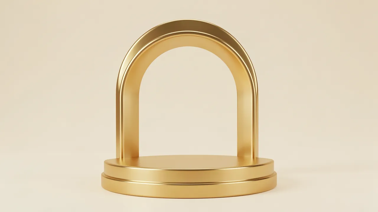 A shiny gold arched product display podium sits against a smooth cream background