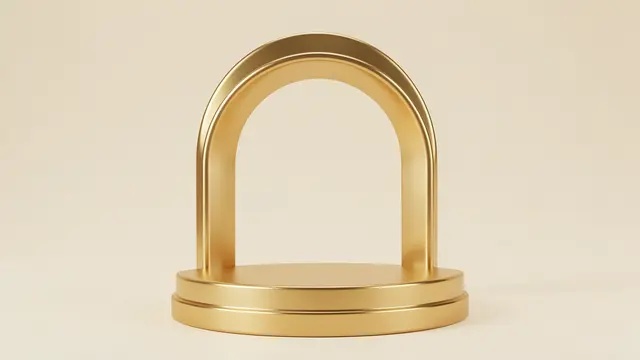 A shiny gold arched product display podium sits against a smooth cream background