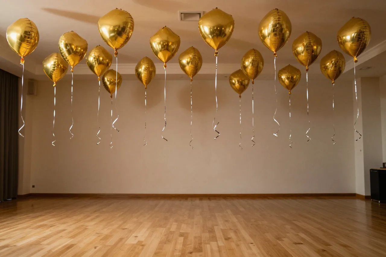 Shiny gold foil balloons hang with silver ribbons above an empty polished wood ballroom dance floor.