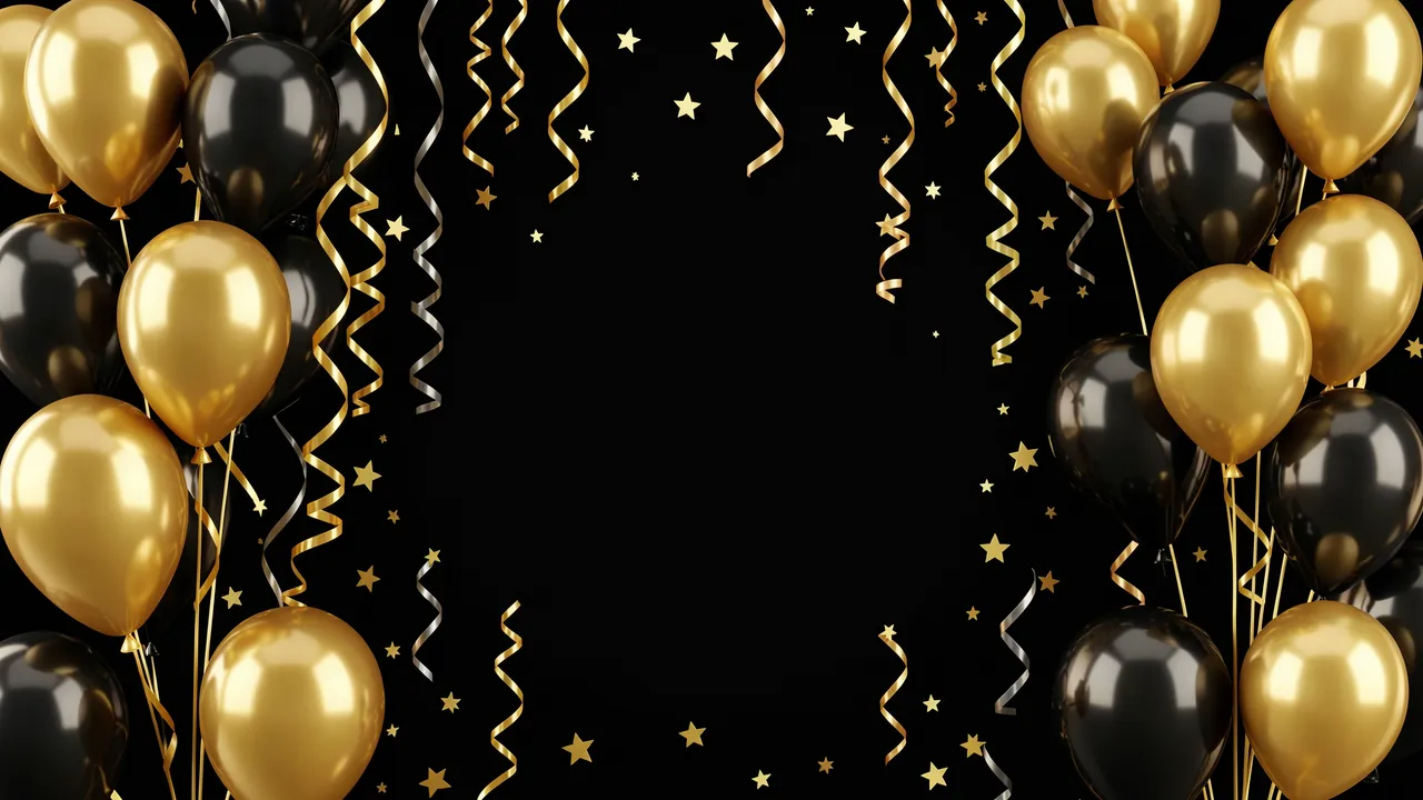 Glossy gold and black balloons, curly streamers and star confetti frame an empty black copy space center