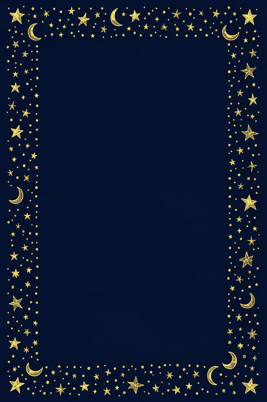 Hand-drawn gold border of stars, crescent moons and dots frames an empty solid navy center