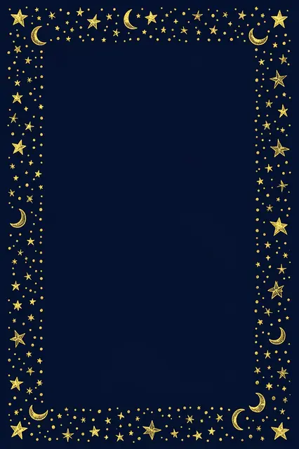 Hand-drawn gold border of stars, crescent moons and dots frames an empty solid navy center