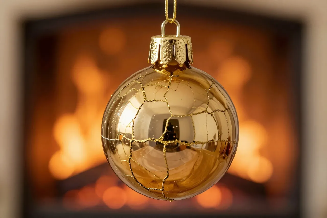 Shiny golden Christmas bauble hangs in sharp focus against a warm blurred fireplace background