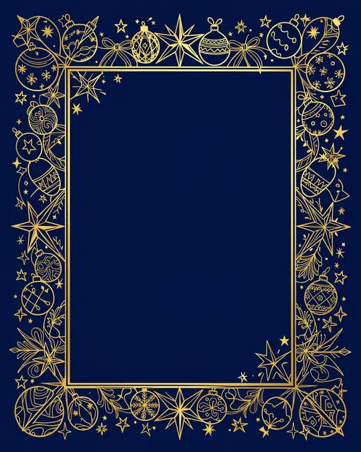 A thin gold line art frame of Christmas ornaments and stars surrounds an empty solid midnight blue center