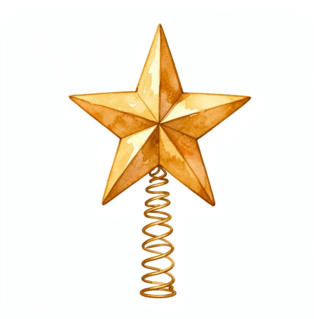Watercolor illustration of a faceted gold Christmas star tree topper with a coiled wire base on a plain white background