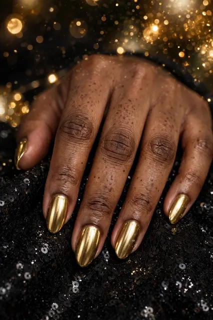 A close-up of a Black woman's hand with almond gold chrome nails resting on black sequin fabric against golden bokeh lights