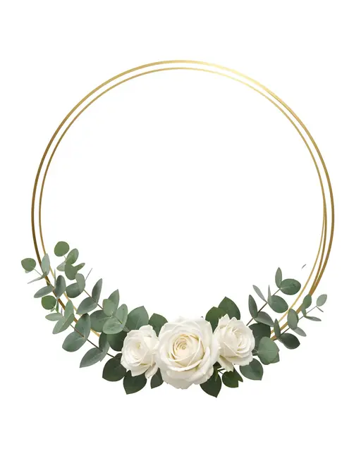 A thin double gold circle frame with white roses and eucalyptus at the bottom on a plain white background