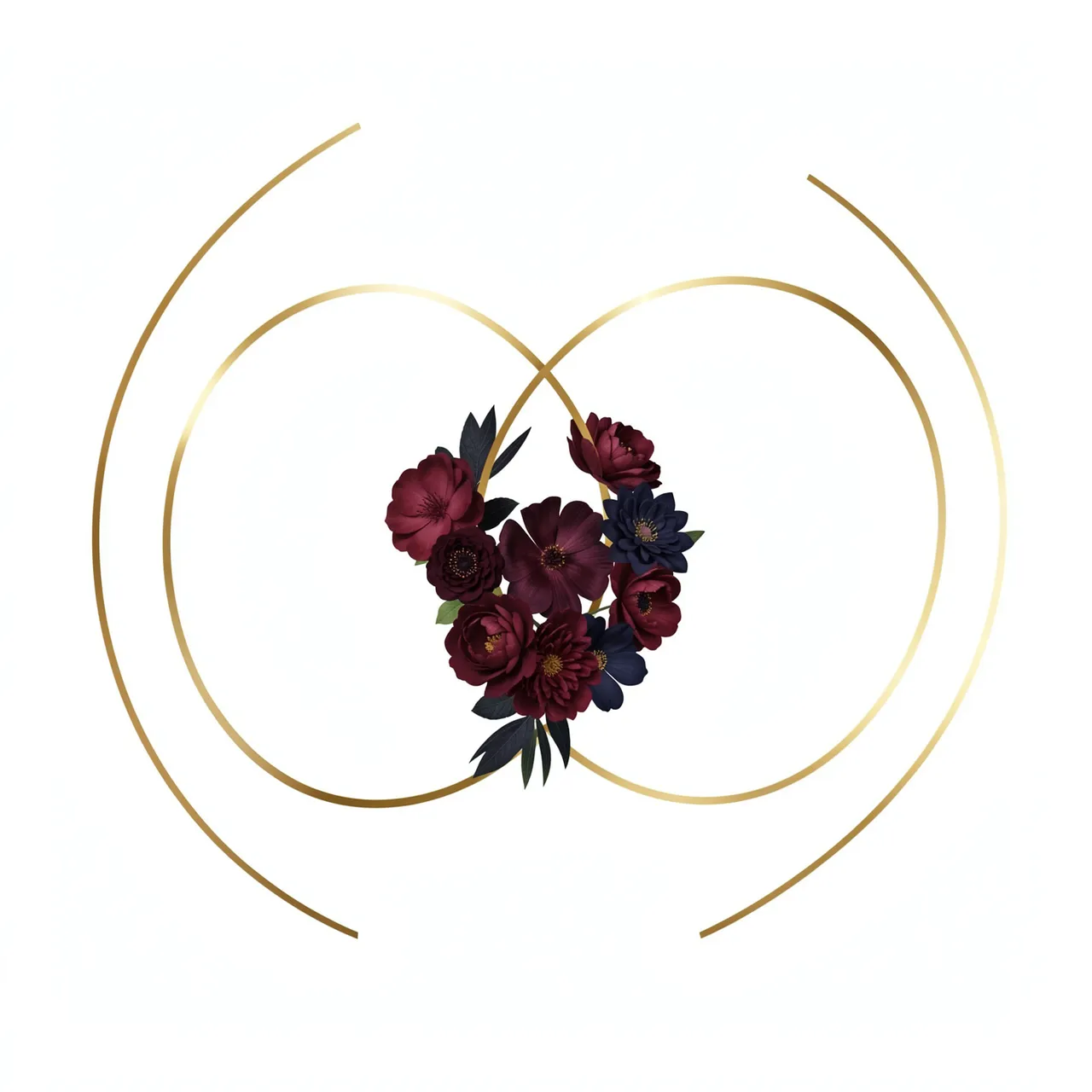 Overlapping thin gold circles with a burgundy and navy flower cluster at the intersection on a white background