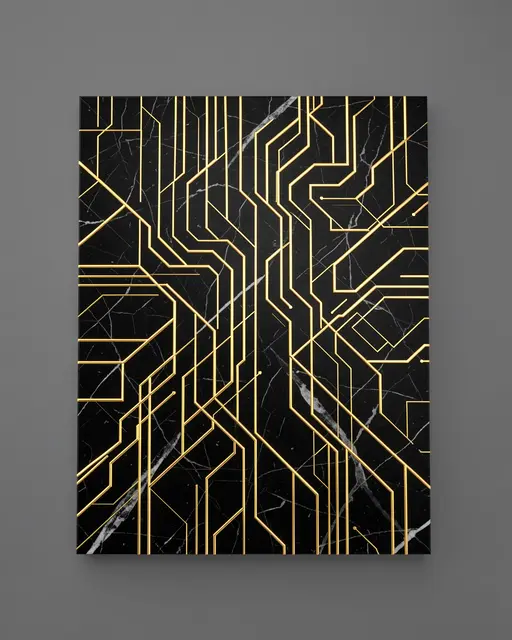 A polished black marble slab with inlaid gold circuit-style lines mounted against a plain gray background
