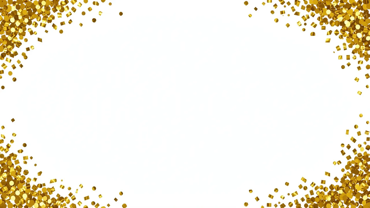 Shiny gold confetti clustered in all four corners surrounding blank white copy space