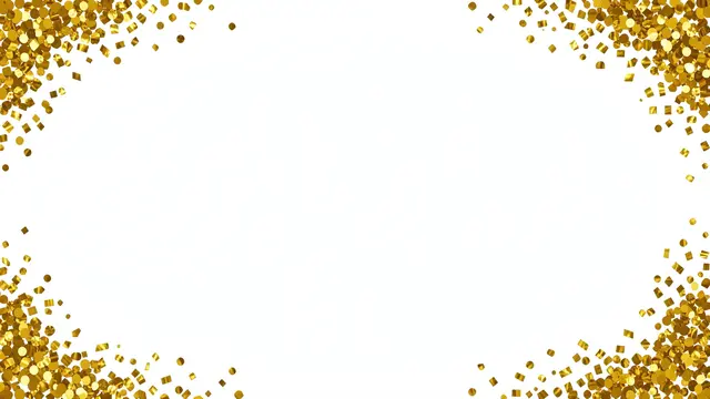 Shiny gold confetti clustered in all four corners surrounding blank white copy space