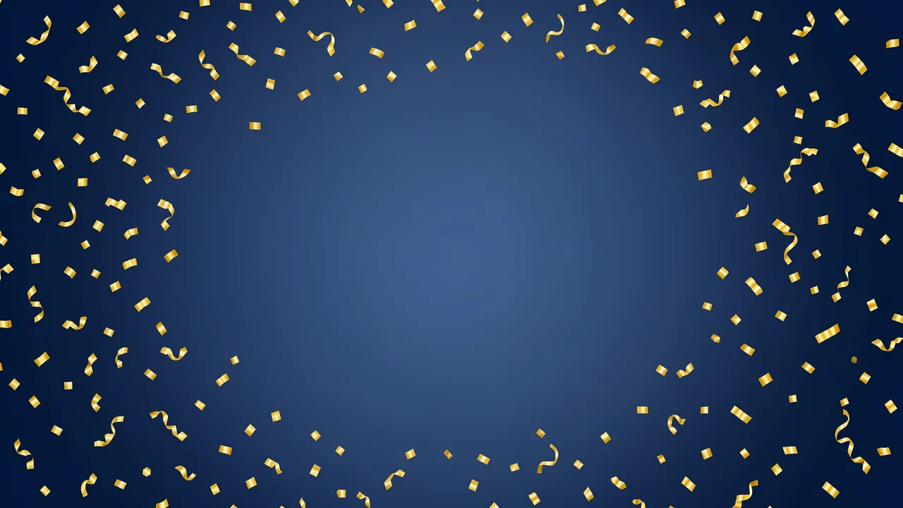 Falling gold confetti frames an empty smooth slate blue gradient center