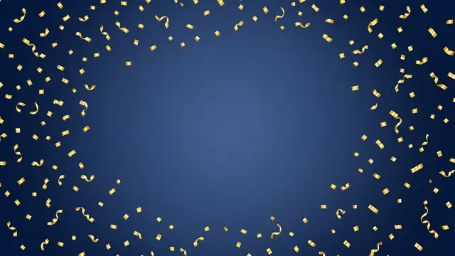 Falling gold confetti frames an empty smooth slate blue gradient center
