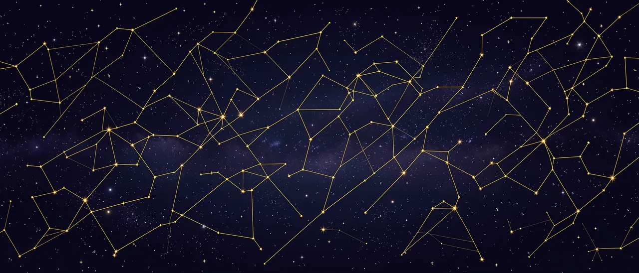 An ultrawide dark indigo night sky overlaid with glowing gold constellation line art and faint scattered stars