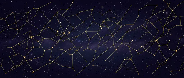 An ultrawide dark indigo night sky overlaid with glowing gold constellation line art and faint scattered stars