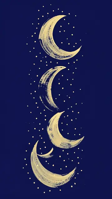 Hand-painted pale gold crescent moons and tiny star dots arranged vertically on a deep indigo background