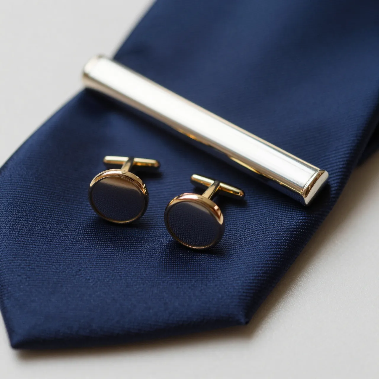 Gold cufflinks and a tie bar rest on a folded navy silk tie in soft close-up studio light