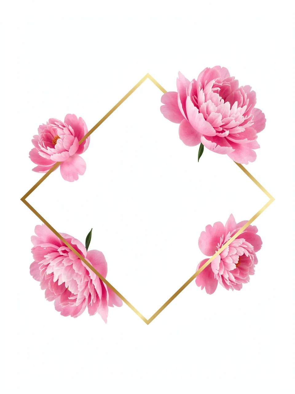 Thin rotated gold square frame decorated with pink peonies against an empty white background