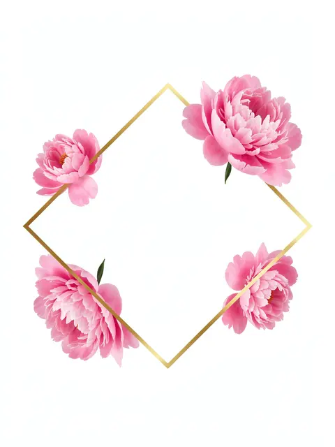 Thin rotated gold square frame decorated with pink peonies against an empty white background