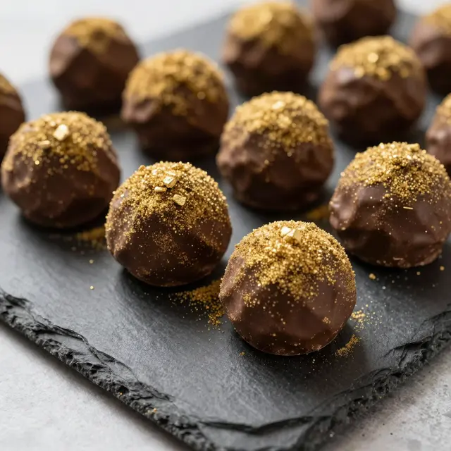 Chocolate truffles topped with gold sprinkles arranged neatly on a black slate board