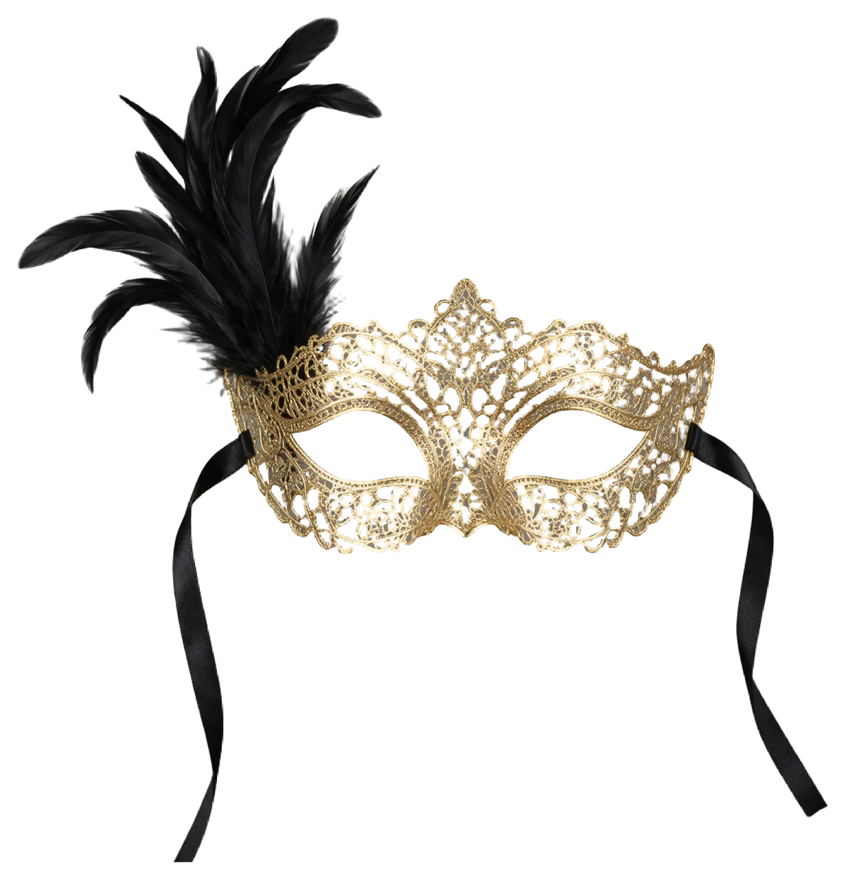 Ornate gold Venetian masquerade mask with black feathers and satin ribbons