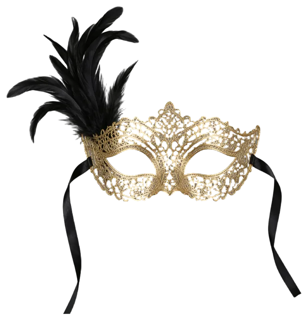 Ornate gold Venetian masquerade mask with black feathers and satin ribbons