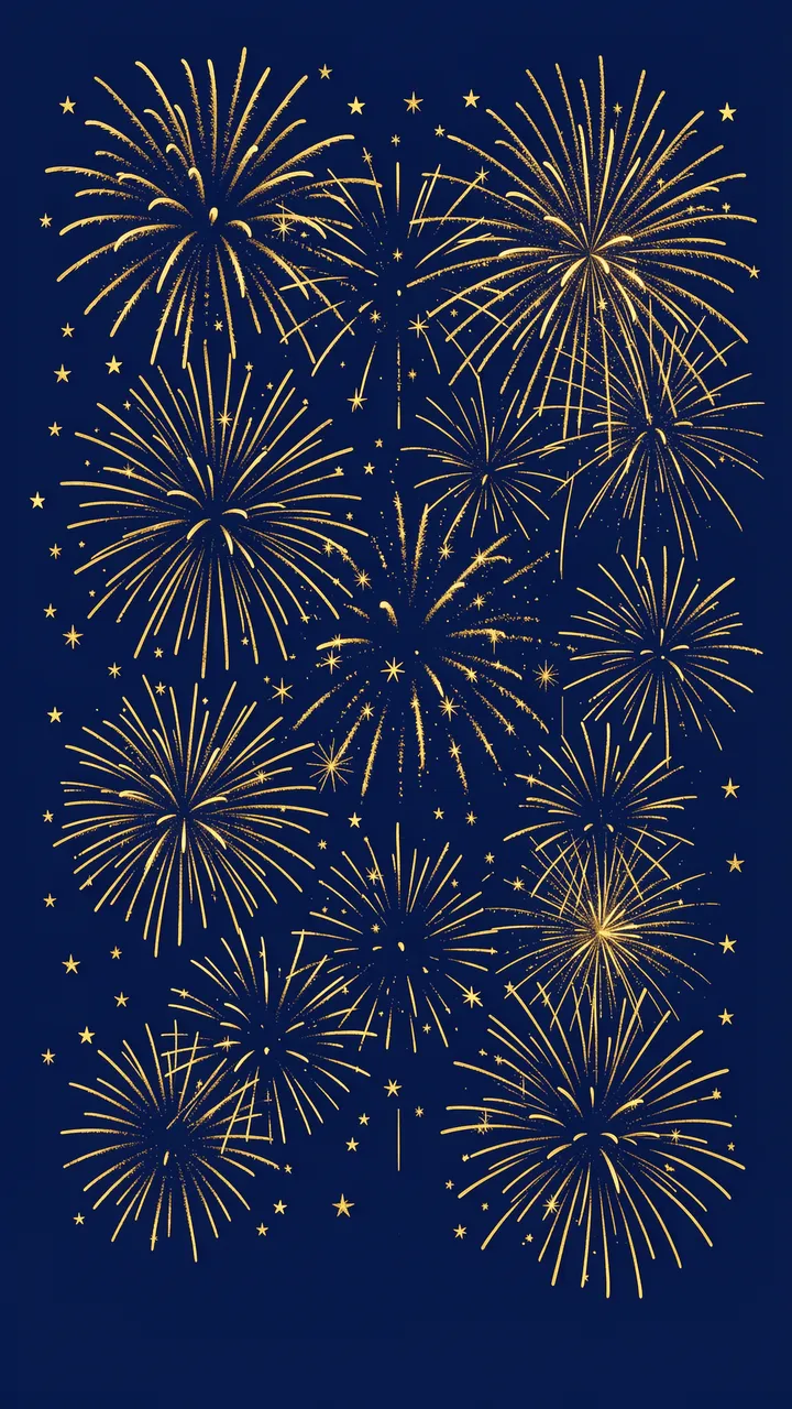 Golden fireworks and tiny star shapes burst across a solid deep midnight blue vertical background.