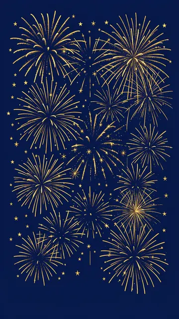 Golden fireworks and tiny star shapes burst across a solid deep midnight blue vertical background.