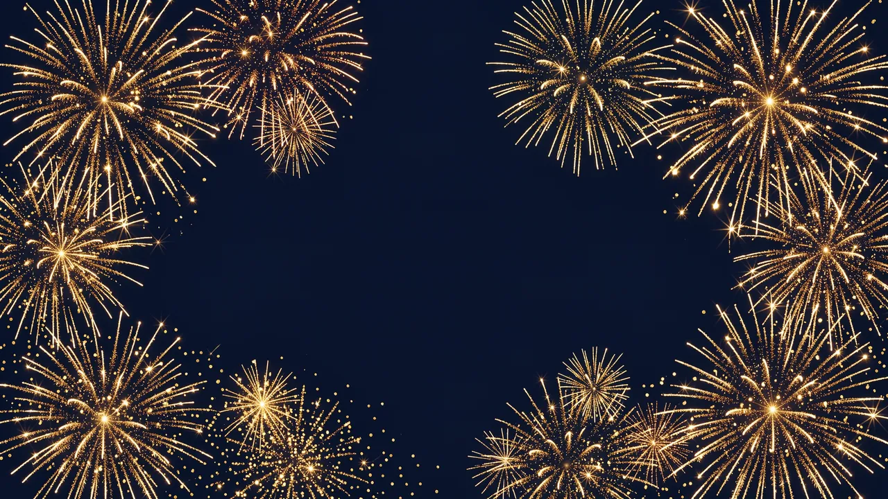 Golden fireworks frame a blank dark navy center against a deep blue background