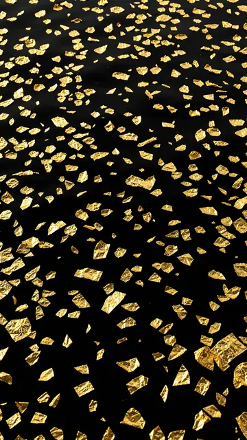 Shiny gold leaf flakes scattered across a smooth deep black surface arranged as a vertical wallpaper