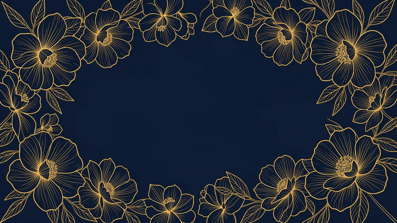 Delicate gold line-art flowers and leaves form a border around a solid blank navy background