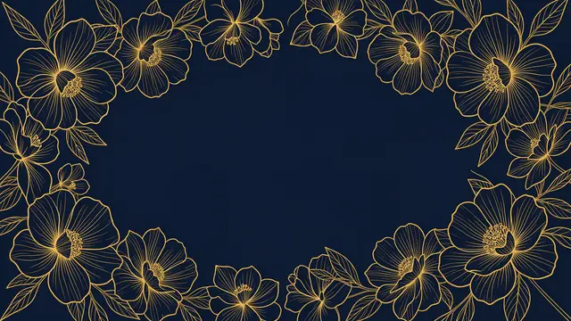 Delicate gold line-art flowers and leaves form a border around a solid blank navy background