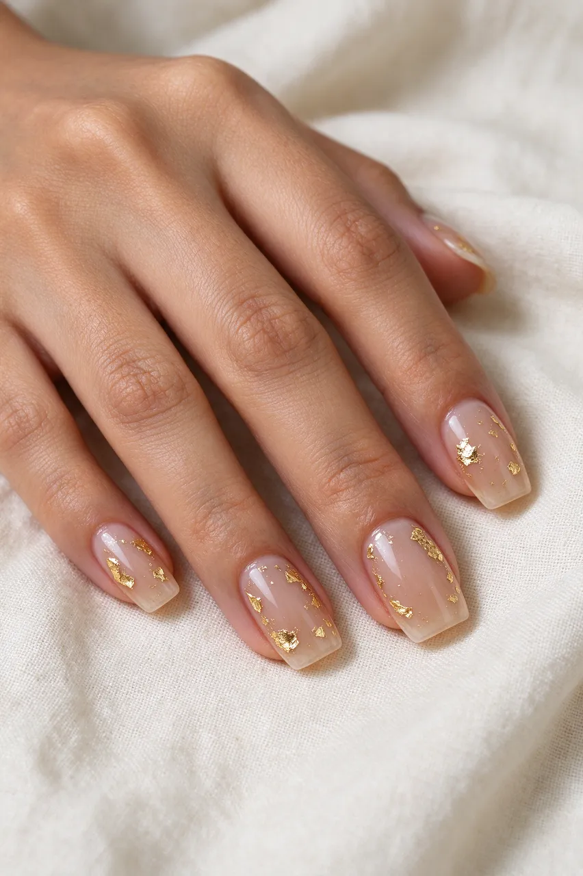 A woman's hand with sheer beige gold foil nail art rests on soft ivory linen